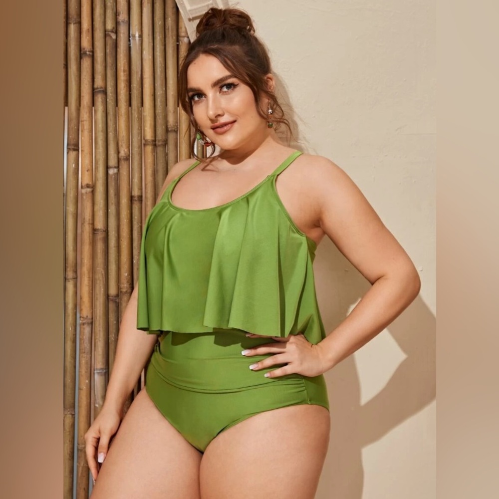 Plus Size Olive Green Flounce Tankini Bikini